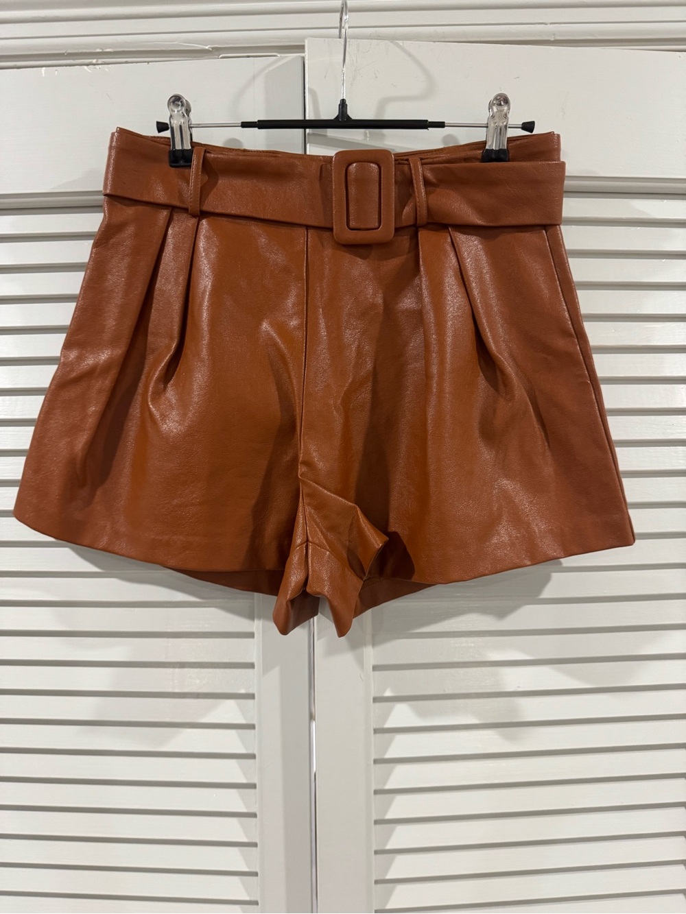 TCEC High-Waist Faux Leather Belted Shorts - Rust